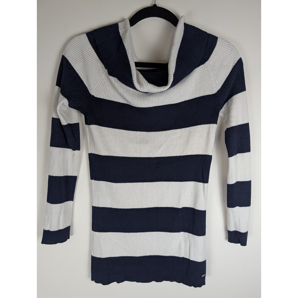 Tommy Hilfiger Cowl Neck Sweater Blue White Size Medium Y2K Style Stretch